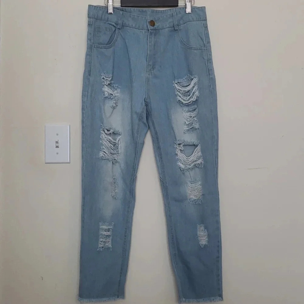 CHOIES Light Blue High Waisted Distressed Jeans